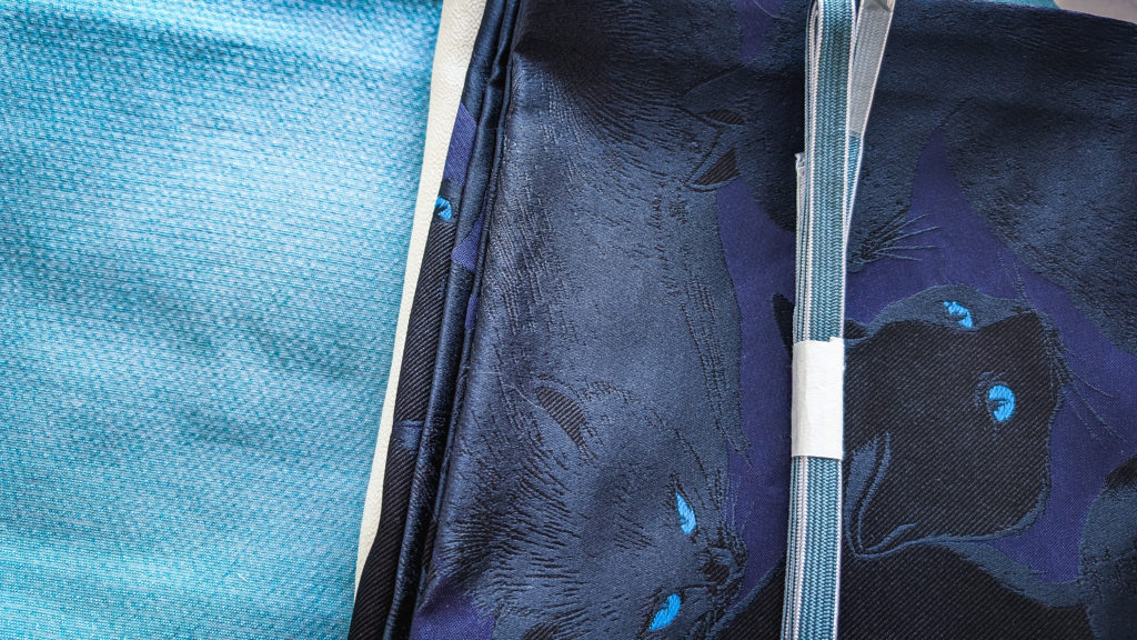 Blue kimono and black/purple obi with black cat illustration