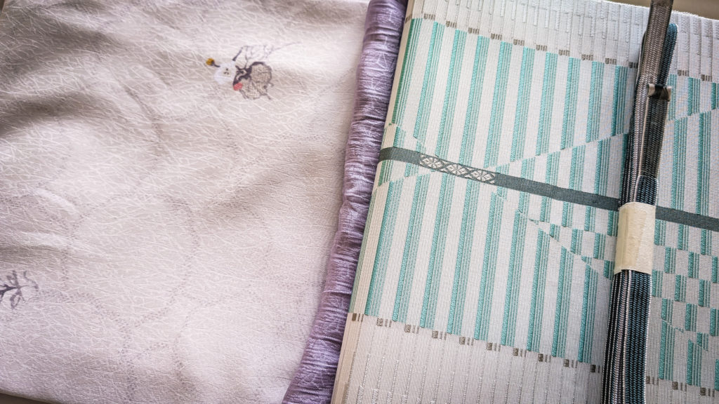 White kimono and white/turquoise obi