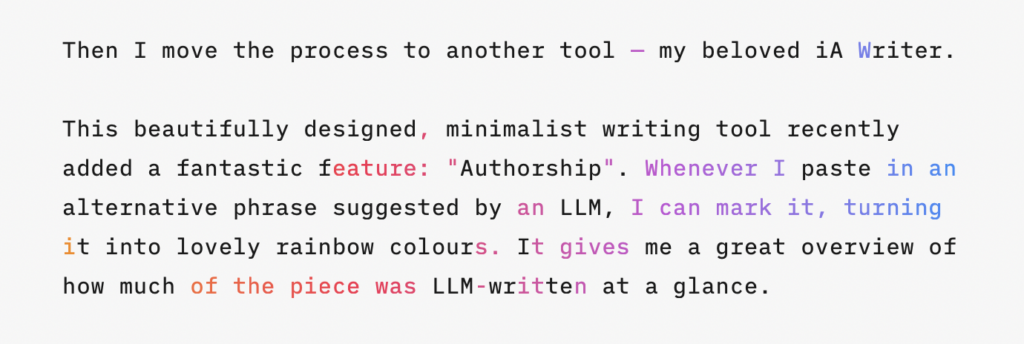 A screenshot of iA Writer, showing some rainbow coloured text.