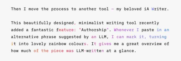 A screenshot of iA Writer, showing some rainbow coloured text.